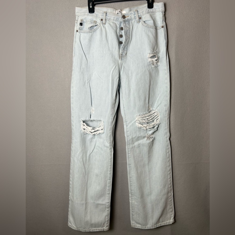 Kancan Ultra High Rise 90's Flare Jeans‎ Distressed Light Wash KC7383L Sz 11/29
